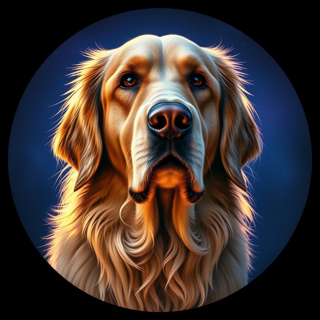 Cosmic medallion portrait of GRLS_grlsPG81W8AA, a Golden Retriever