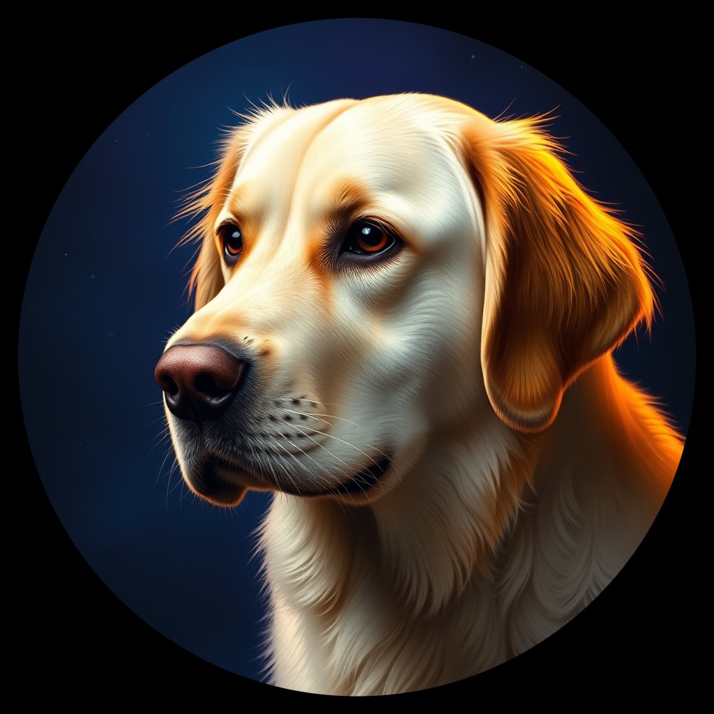 Cosmic medallion portrait of GRLS_grlsPGOLQCVV, a Golden Retriever