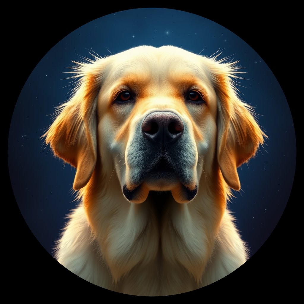 Cosmic medallion portrait of GRLS_grlsPJGEUQSS, a Golden Retriever