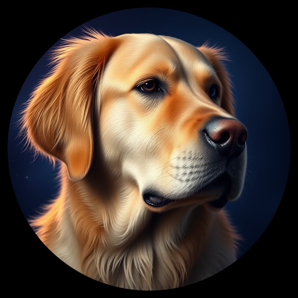 Cosmic medallion portrait of GRLS_grlsPJLBR00, a Golden Retriever