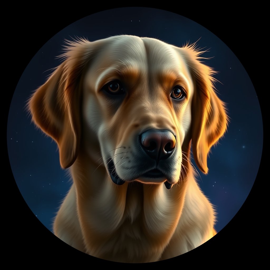 Cosmic medallion portrait of GRLS_grlsPN3XJF88, a Golden Retriever