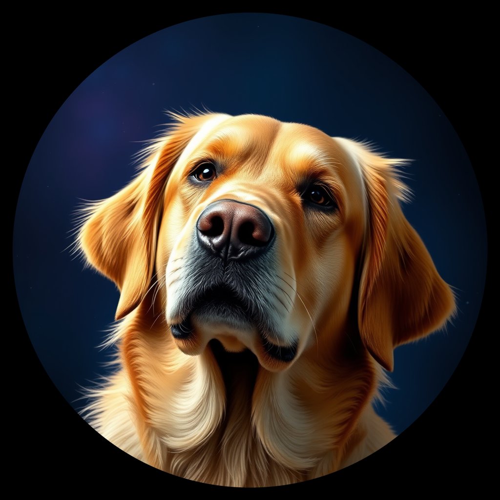 Cosmic medallion portrait of GRLS_grlsPNSJCRRR, a Golden Retriever