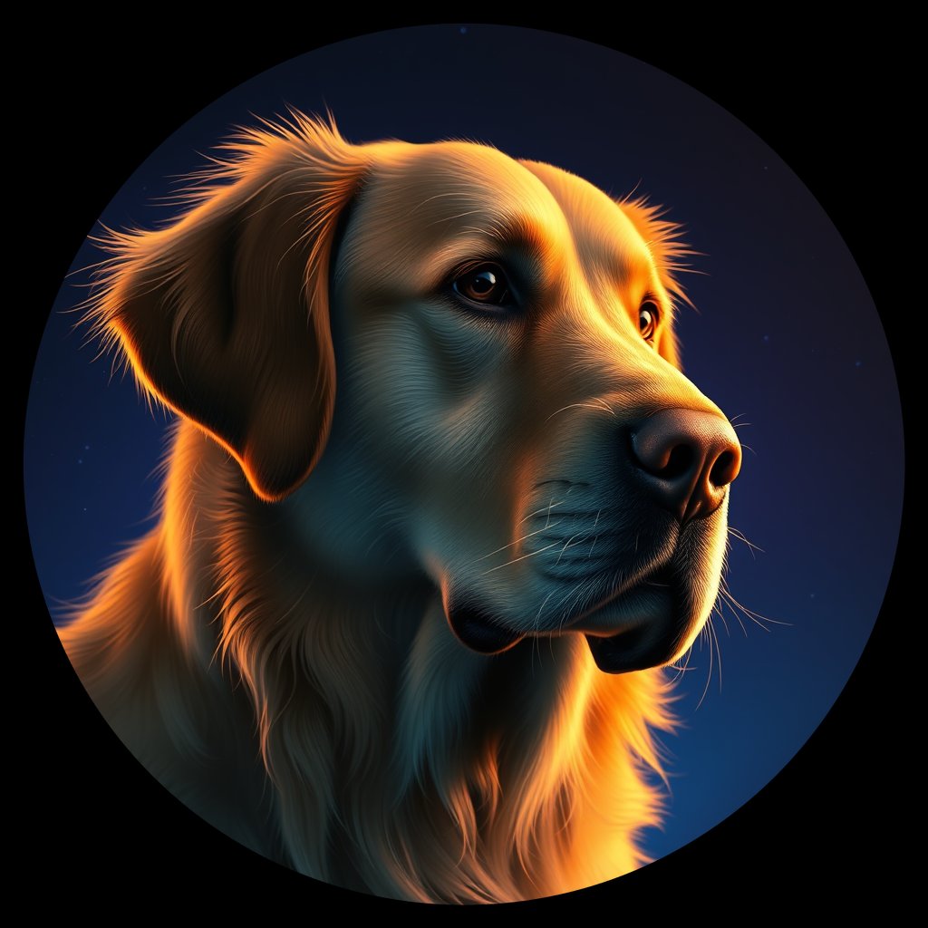 Cosmic medallion portrait of GRLS_grlsPR3NYY, a Golden Retriever