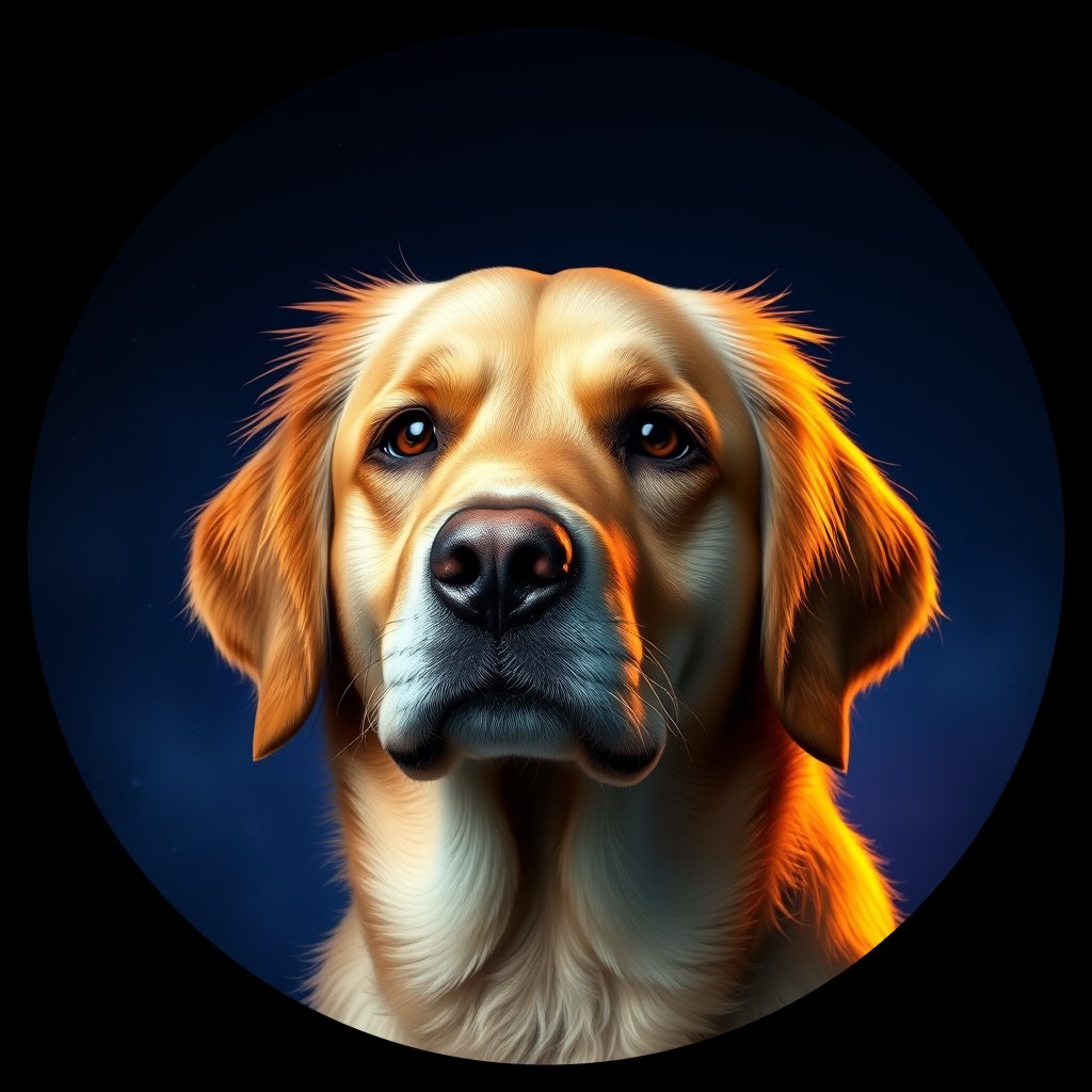 Cosmic medallion portrait of GRLS_grlsPRKQET99, a Golden Retriever