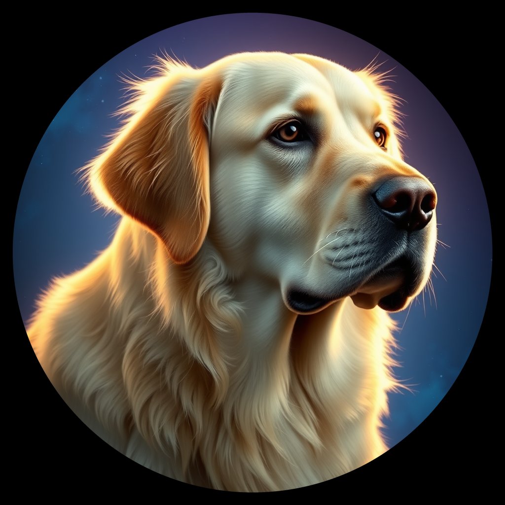 Cosmic medallion portrait of GRLS_grlsPTSB3DRR, a Golden Retriever