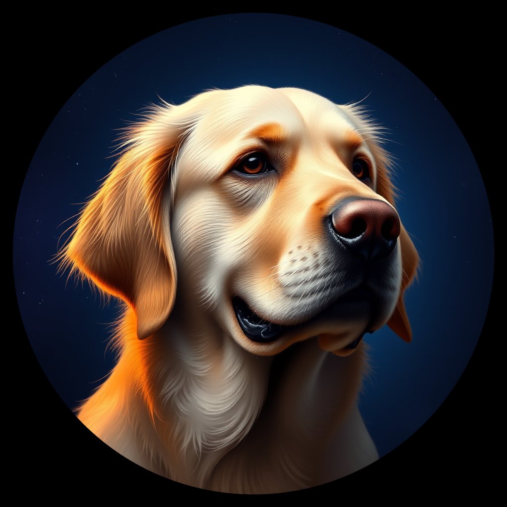 Cosmic medallion portrait of GRLS_grlsPYD0T2BB, a Golden Retriever