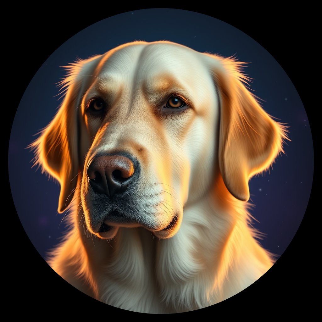 Cosmic medallion portrait of GRLS_grlsQ1Q3CVPP, a Golden Retriever