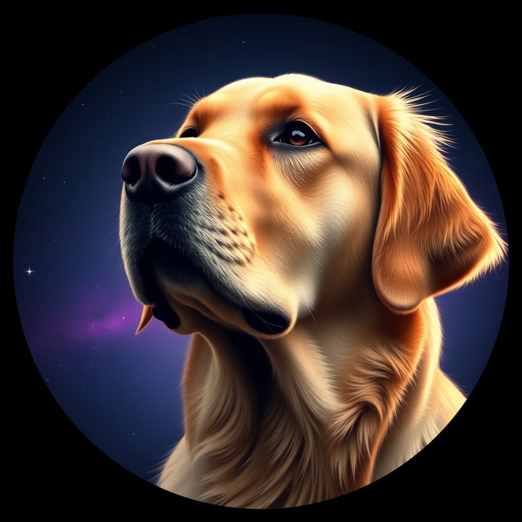 Cosmic medallion portrait of GRLS_grlsQ1ZR1WLL, a Golden Retriever