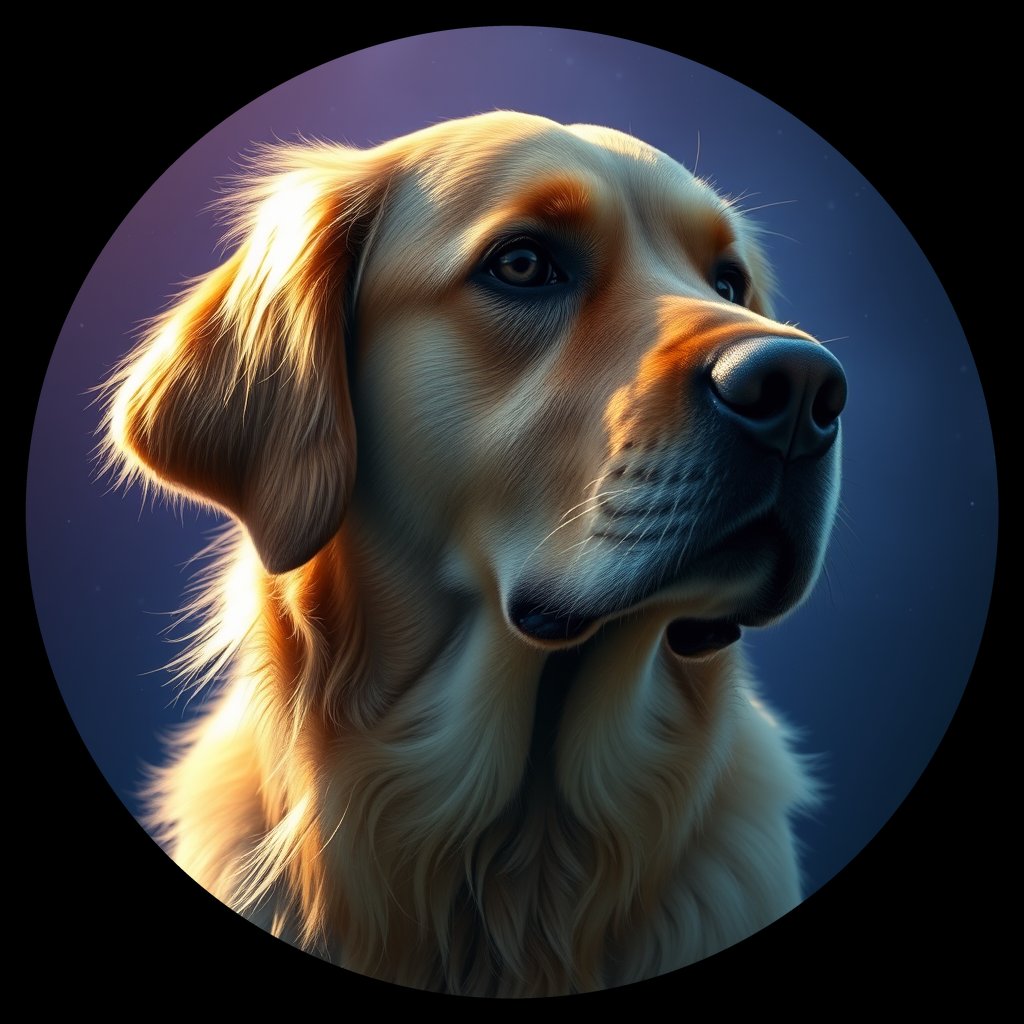 Cosmic medallion portrait of GRLS_grlsQ317XJZZ, a Golden Retriever