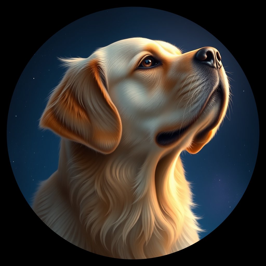 Cosmic medallion portrait of GRLS_grlsQ5V0FG77, a Golden Retriever