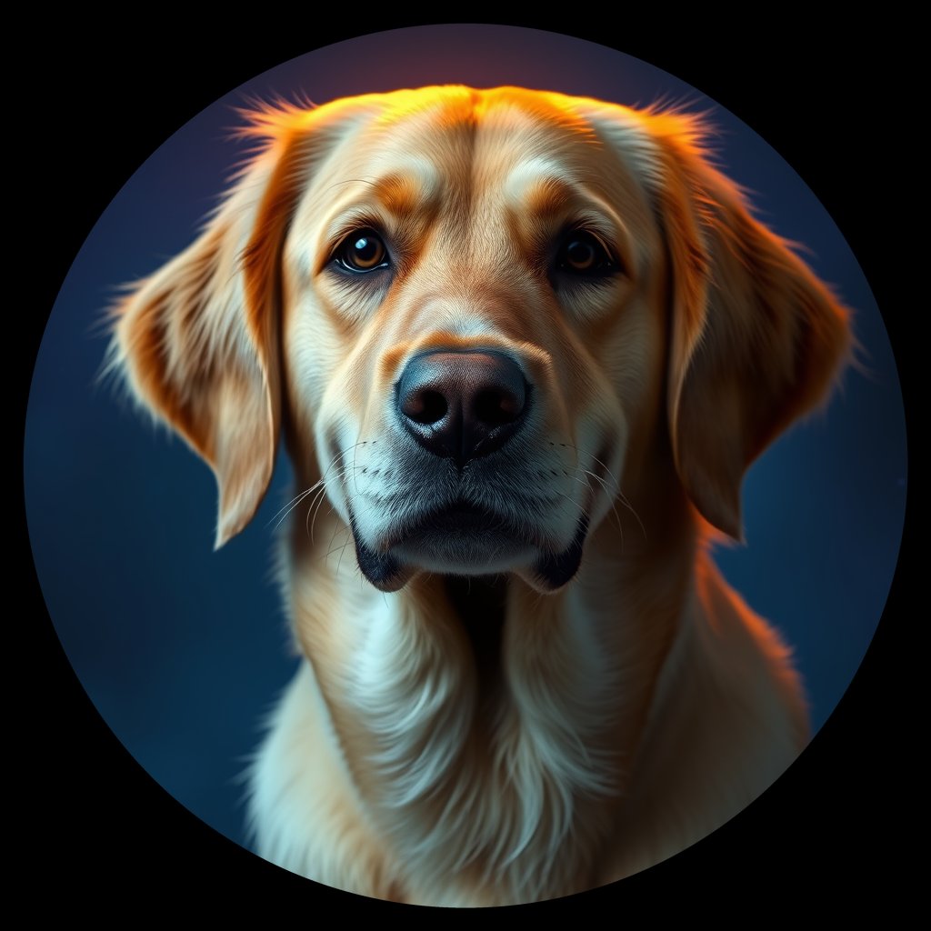 Cosmic medallion portrait of GRLS_grlsQ69TSEMM, a Golden Retriever