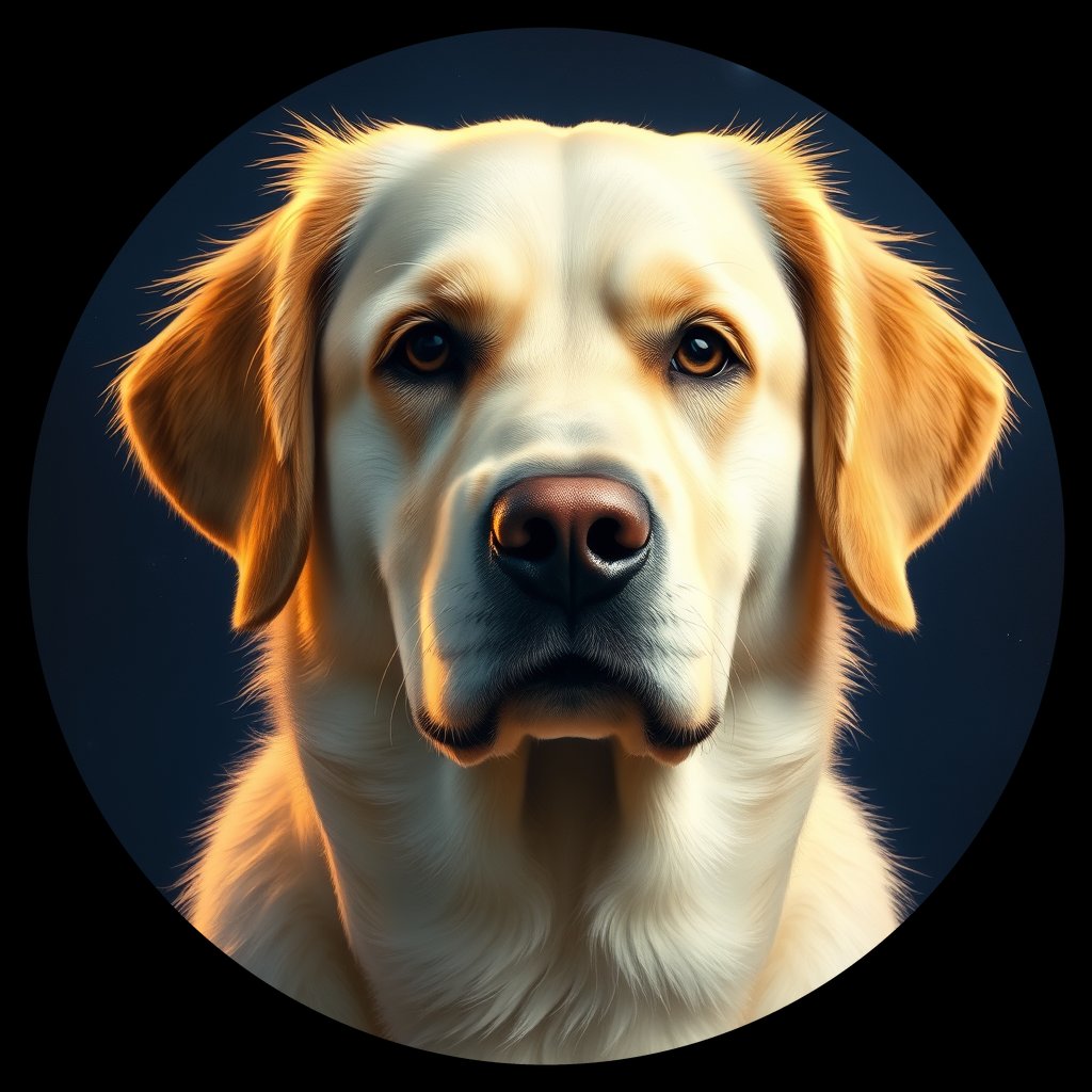 Cosmic medallion portrait of GRLS_grlsQ6B8XB77, a Golden Retriever