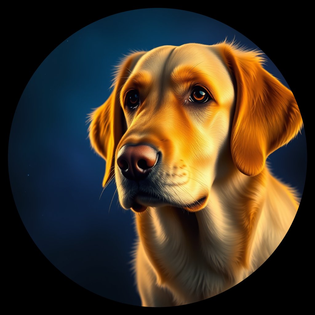 Cosmic medallion portrait of GRLS_grlsQ9FQU5SS, a Golden Retriever