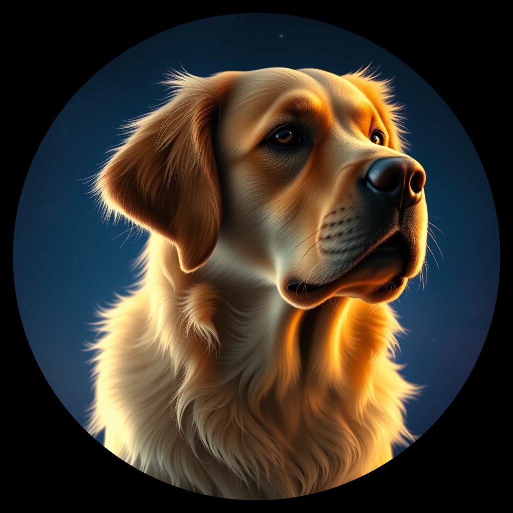 Cosmic medallion portrait of GRLS_grlsQ9YKQ5BB, a Golden Retriever
