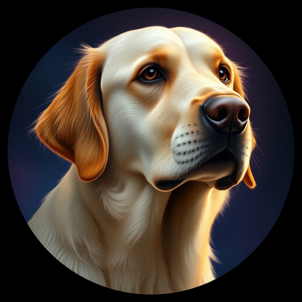 Cosmic medallion portrait of GRLS_grlsQA8MW6HH, a Golden Retriever
