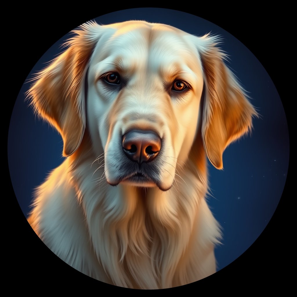 Cosmic medallion portrait of GRLS_grlsQB0MYGVV, a Golden Retriever