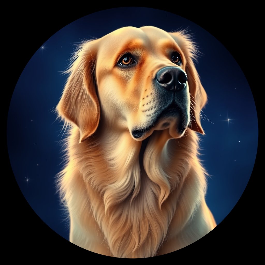 Cosmic medallion portrait of GRLS_grlsQEZO2RMM, a Golden Retriever