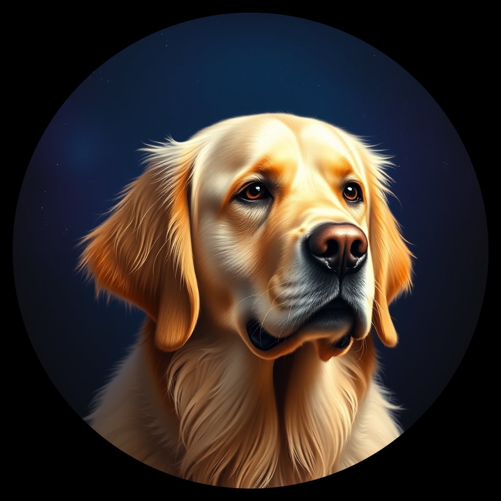 Cosmic medallion portrait of GRLS_grlsQG4TPYII, a Golden Retriever