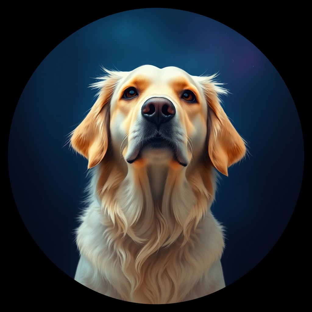 Cosmic medallion portrait of GRLS_grlsQGR0BLLL, a Golden Retriever