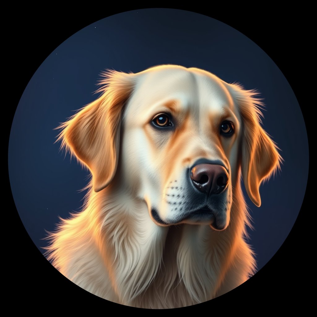 Cosmic medallion portrait of GRLS_grlsQILR1II, a Golden Retriever