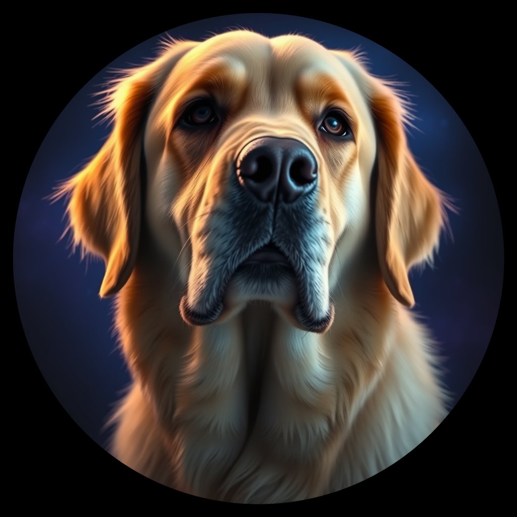 Cosmic medallion portrait of GRLS_grlsQKDCE6JJ, a Golden Retriever