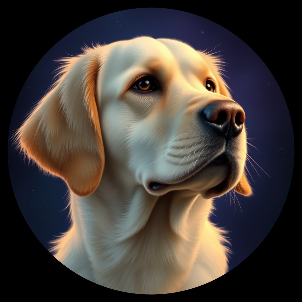 Cosmic medallion portrait of GRLS_grlsQMG3YIQQ, a Golden Retriever