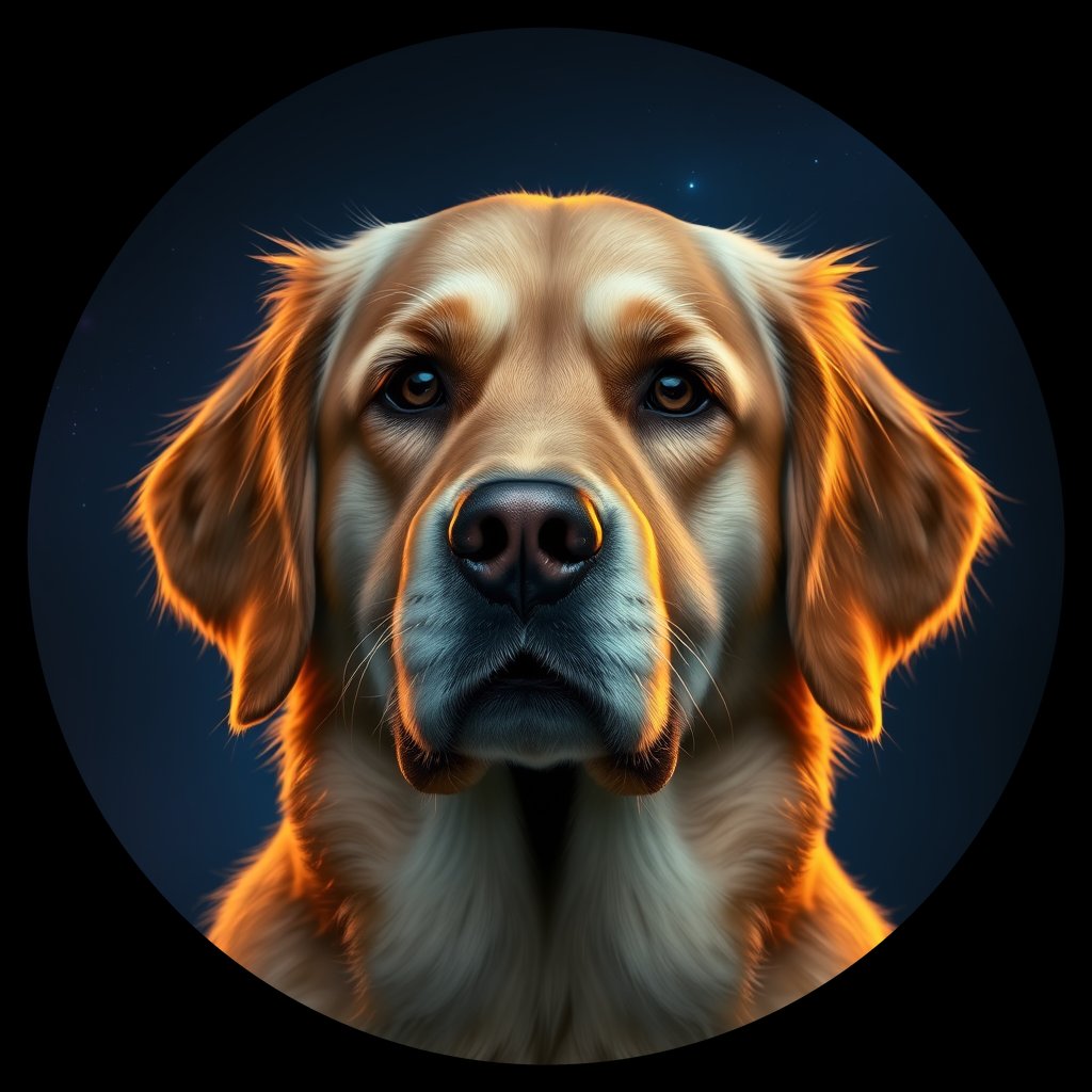 Cosmic medallion portrait of GRLS_grlsQNO7REWW, a Golden Retriever