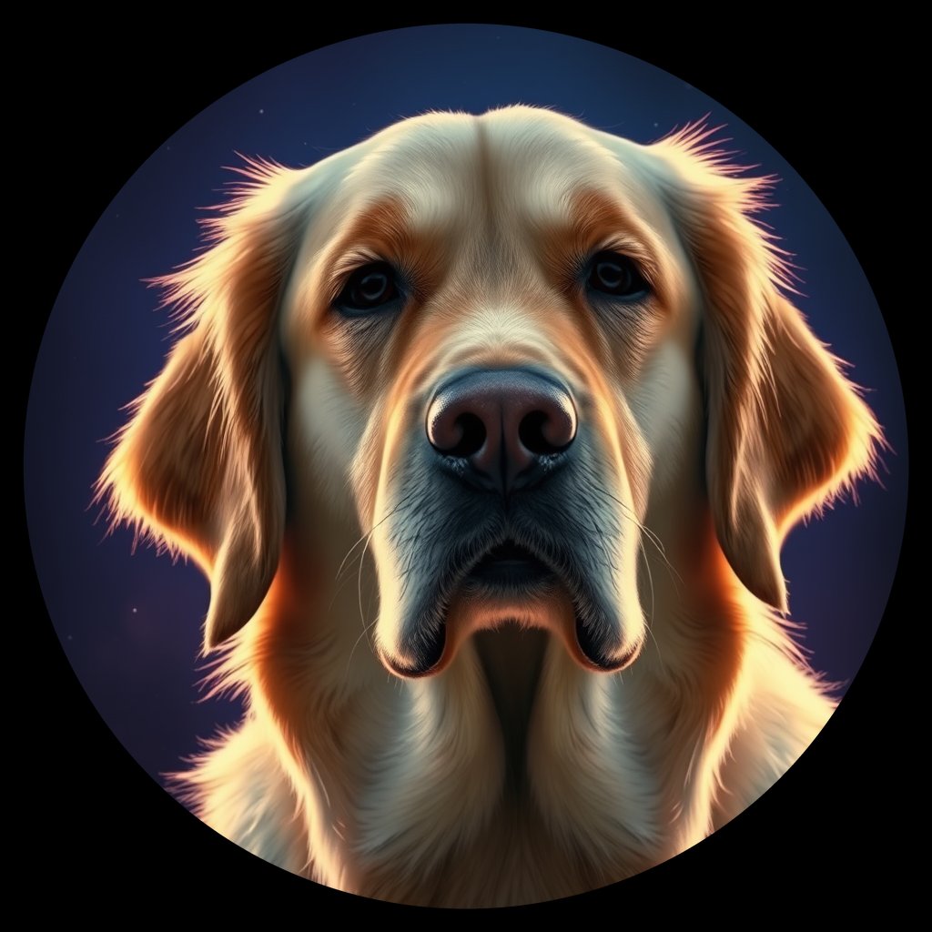 Cosmic medallion portrait of GRLS_grlsQNTM8FYY, a Golden Retriever