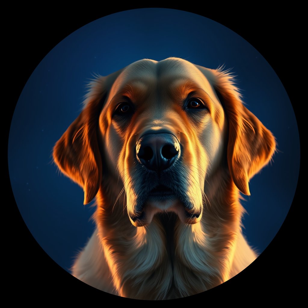 Cosmic medallion portrait of GRLS_grlsQO2Z3VII, a Golden Retriever