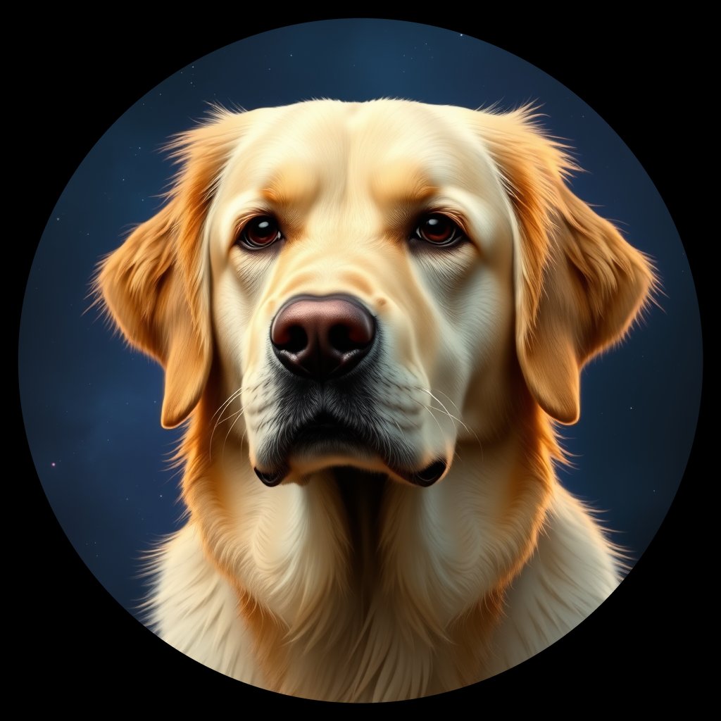Cosmic medallion portrait of GRLS_grlsQO79PZ99, a Golden Retriever