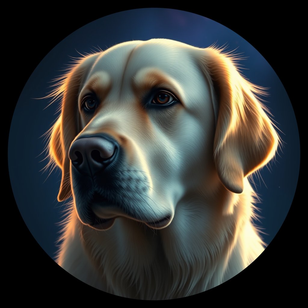 Cosmic medallion portrait of GRLS_grlsQRT1O6VV, a Golden Retriever