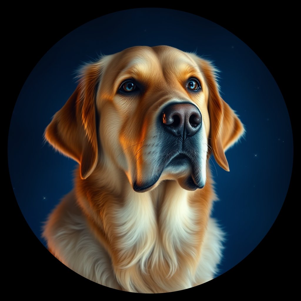 Cosmic medallion portrait of GRLS_grlsQTZ8XMM, a Golden Retriever