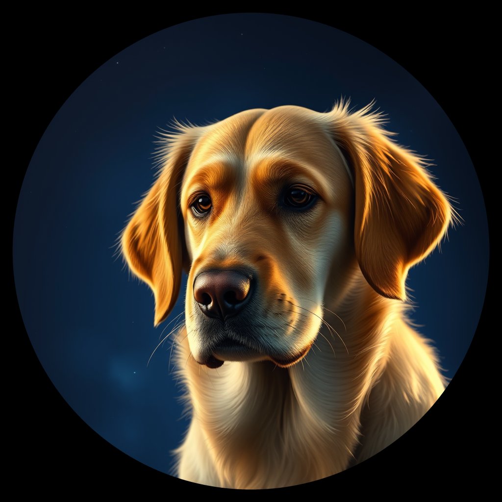 Cosmic medallion portrait of GRLS_grlsQUEFMQ88, a Golden Retriever
