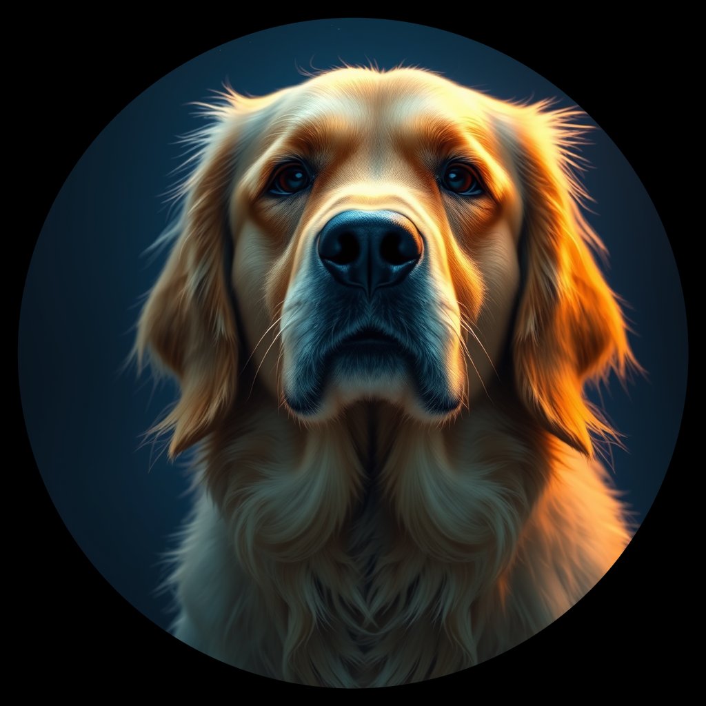 Cosmic medallion portrait of GRLS_grlsQWI05SVV, a Golden Retriever