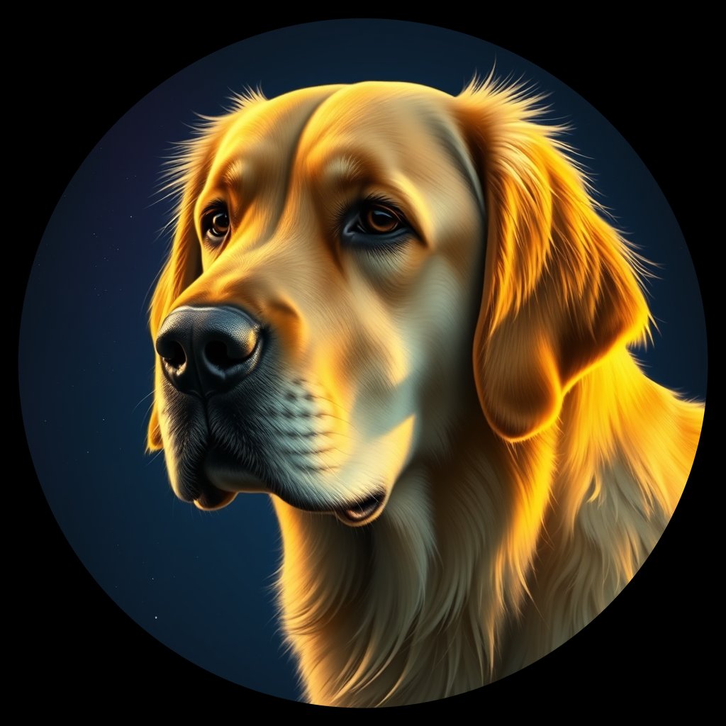 Cosmic medallion portrait of GRLS_grlsQXFVMEE, a Golden Retriever