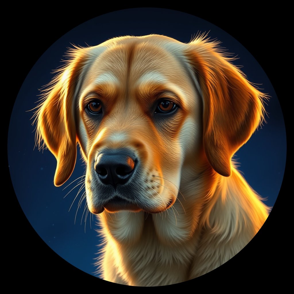 Cosmic medallion portrait of GRLS_grlsQY72IOII, a Golden Retriever
