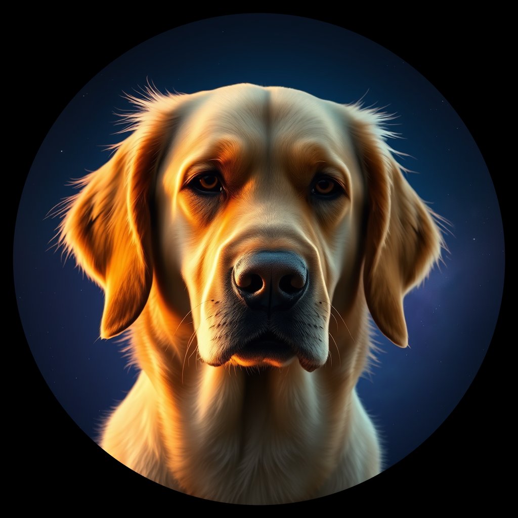 Cosmic medallion portrait of GRLS_grlsQYANCO00, a Golden Retriever