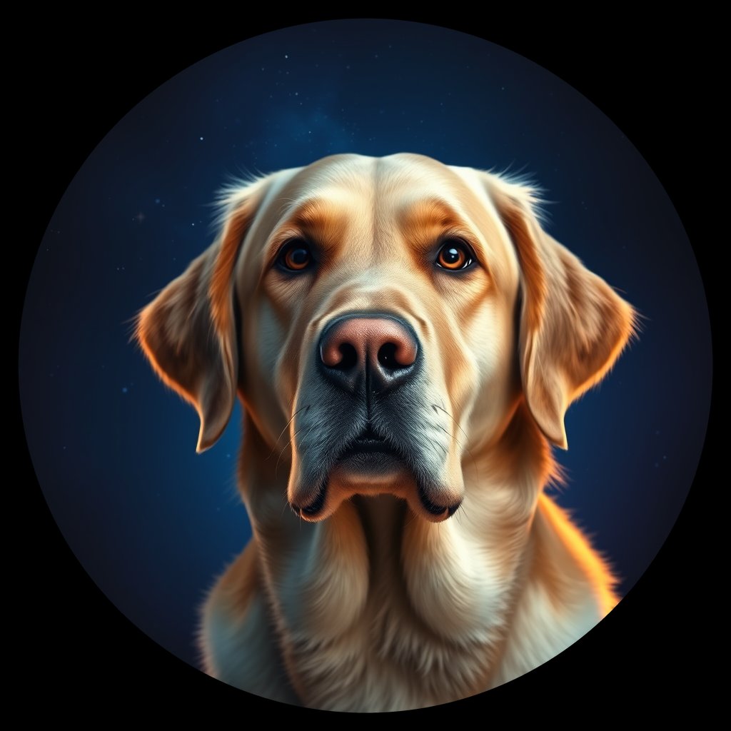 Cosmic medallion portrait of GRLS_grlsQYVH1XNN, a Golden Retriever