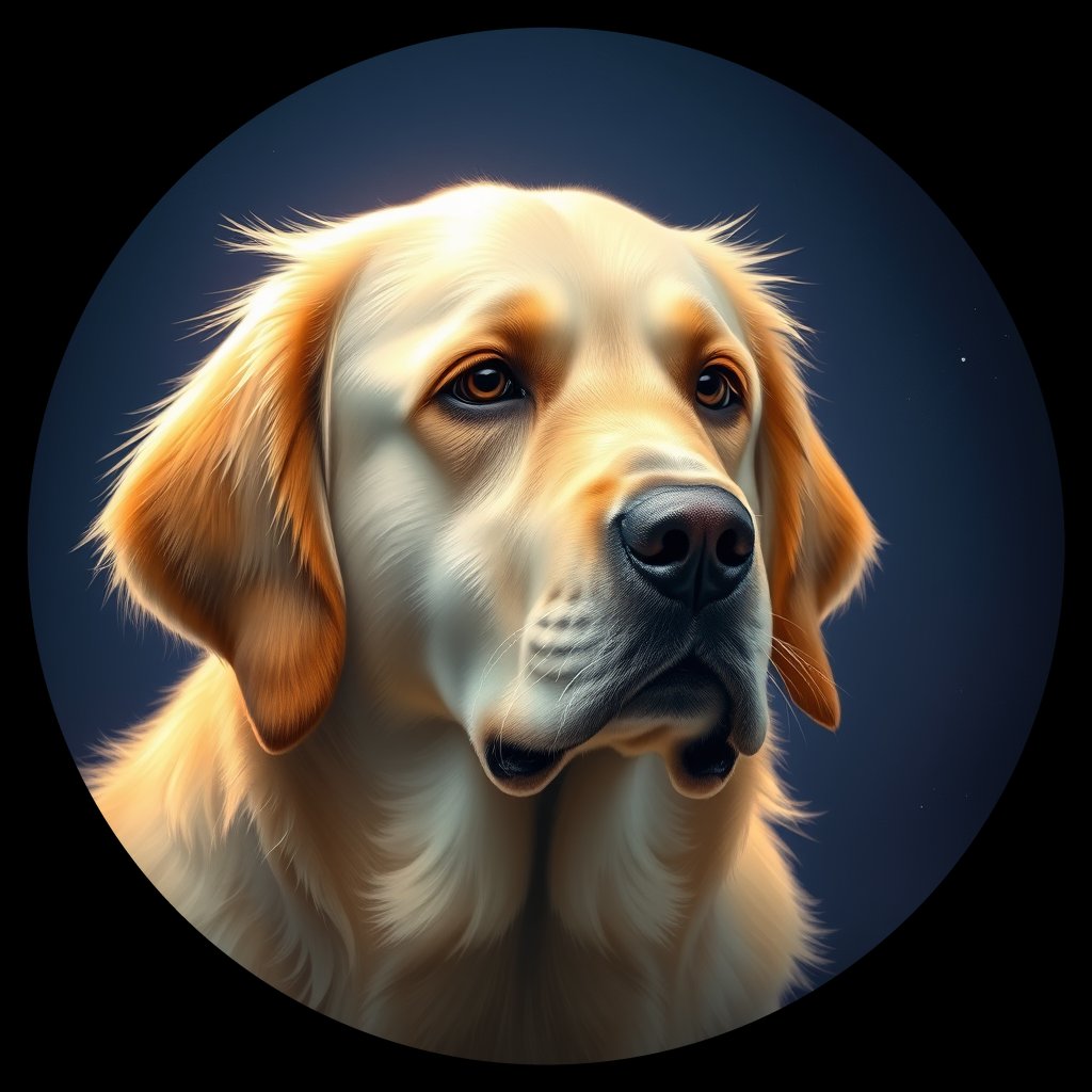 Cosmic medallion portrait of GRLS_grlsR38AR777, a Golden Retriever