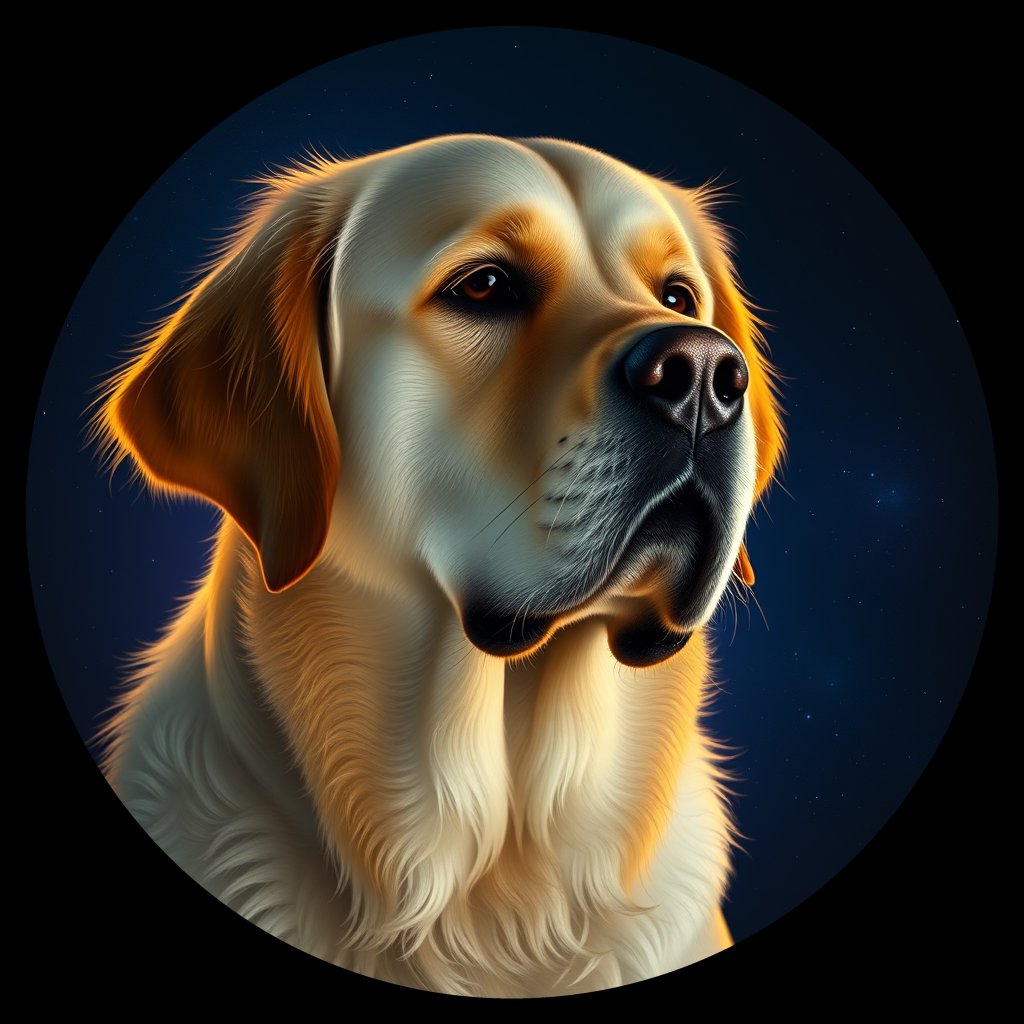 Cosmic medallion portrait of GRLS_grlsR4L8NPTT, a Golden Retriever