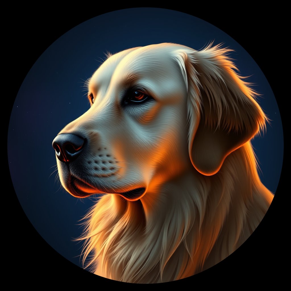 Cosmic medallion portrait of GRLS_grlsR71R9599, a Golden Retriever