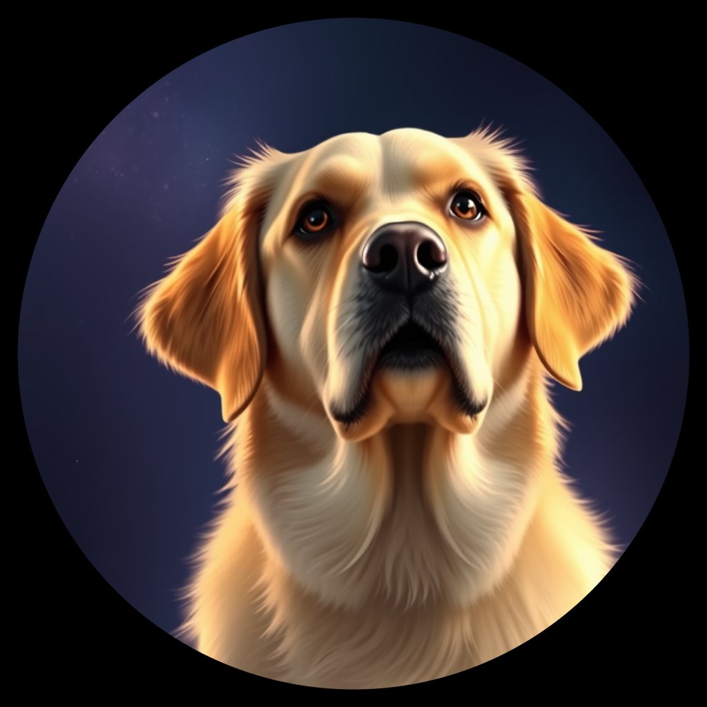 Cosmic medallion portrait of GRLS_grlsR8OMQ1AA, a Golden Retriever