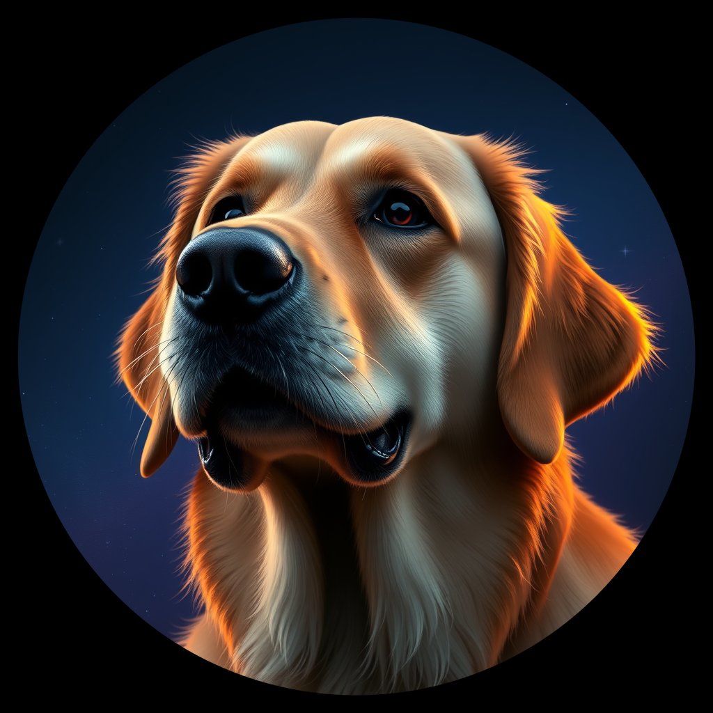 Cosmic medallion portrait of GRLS_grlsRBB2VHLL, a Golden Retriever