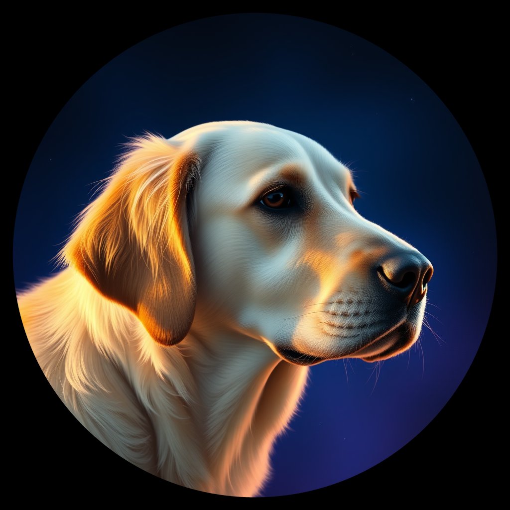 Cosmic medallion portrait of GRLS_grlsRBYRVGMM, a Golden Retriever