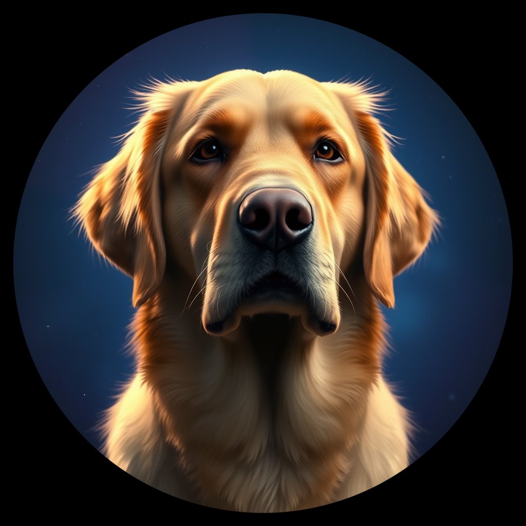 Cosmic medallion portrait of GRLS_grlsRC2T9DEE, a Golden Retriever