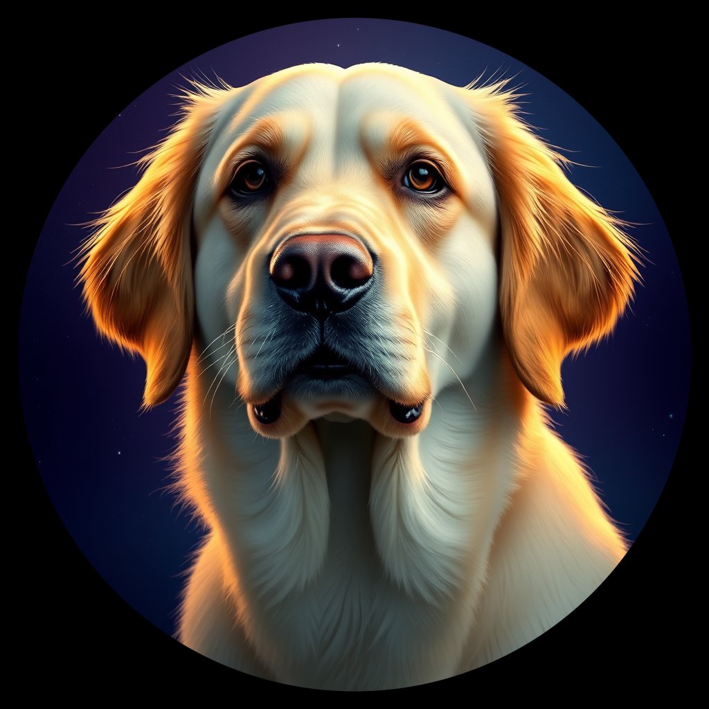Cosmic medallion portrait of GRLS_grlsRDQWWU44, a Golden Retriever