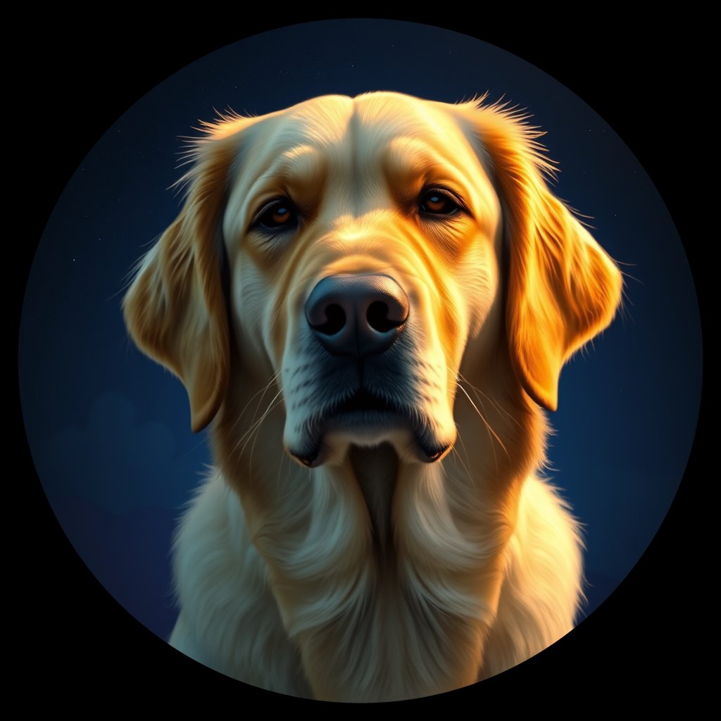 Cosmic medallion portrait of GRLS_grlsRGKS99MM, a Golden Retriever