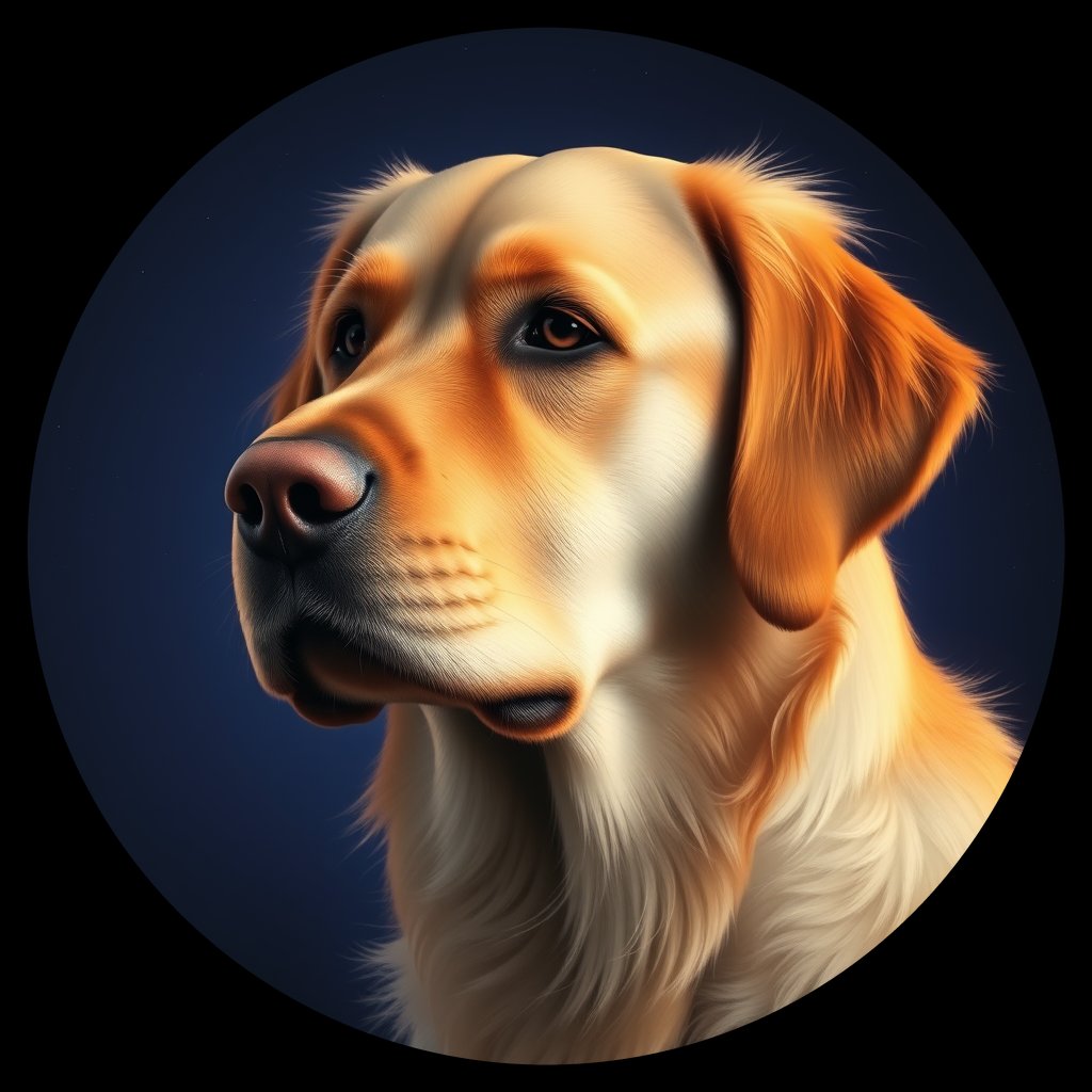 Cosmic medallion portrait of GRLS_grlsRHRNJYHH, a Golden Retriever