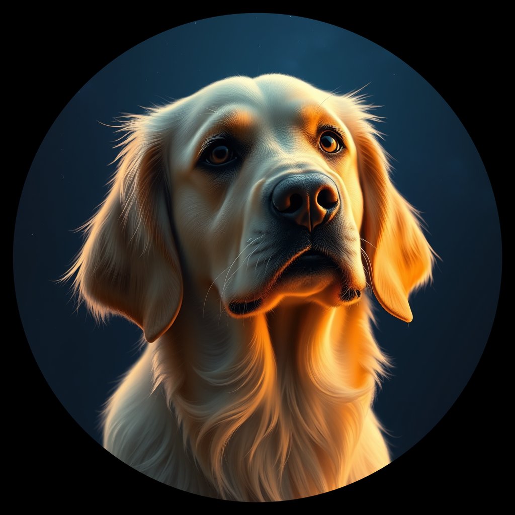 Cosmic medallion portrait of GRLS_grlsRKX90IRR, a Golden Retriever