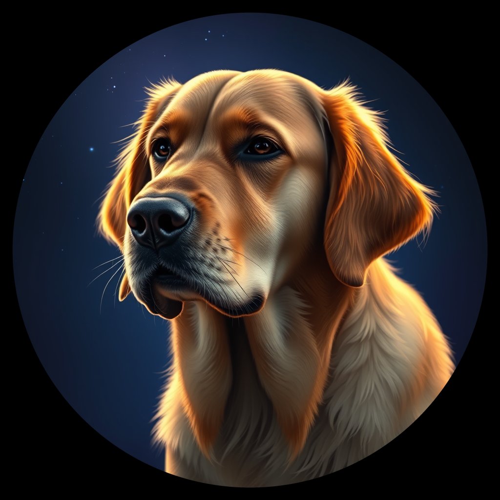 Cosmic medallion portrait of GRLS_grlsRLZGIQXX, a Golden Retriever